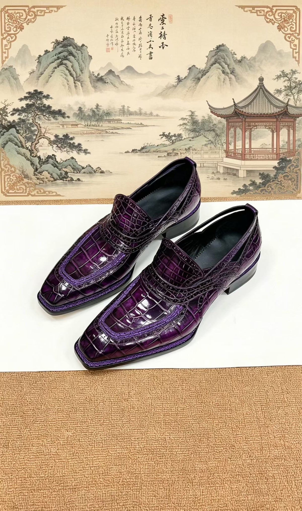 Crocodile Shoes, Crocodile Leather Norwegian Sewn Dress Loafer Shoes Vintage Purple