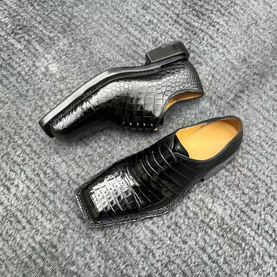 Genuine Crocodile Leather  Square-Toe Classic Lace -Up Dress Shoes Black