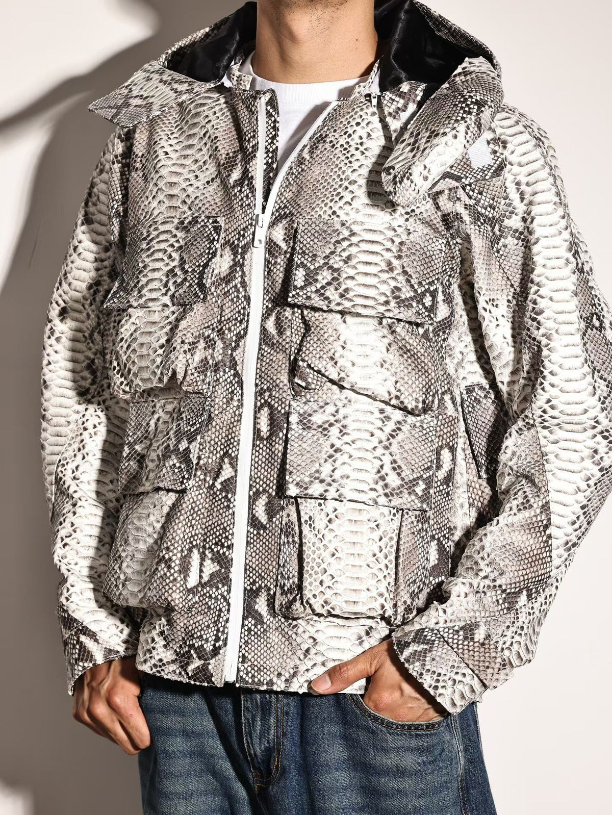 Python Leather Jacket , Mens Python Skin Leather Slim Fit Motorcycle Bomber Biker Jacket