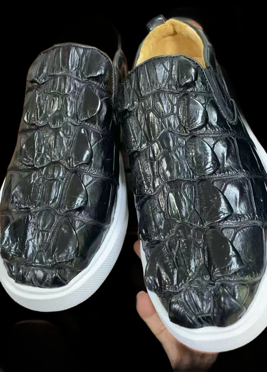 Preorder Crocodile Shoes Mens Crocodile Bone Leather Driving Shoes  Slip on Flats Walking Shoes Black