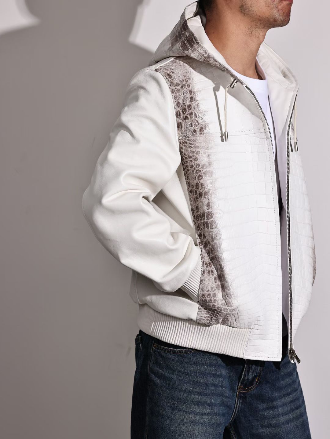 Men's Premium Himalayan Crocodile Skin Leather Hoodie Jacket , Genuine Lambskin Leather Hoodie Himalayan