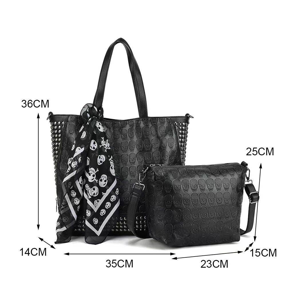 Rossie Viren 3D large shopper bag with studded embossed skull design, includes small pouch and scarf for versatile fashion.