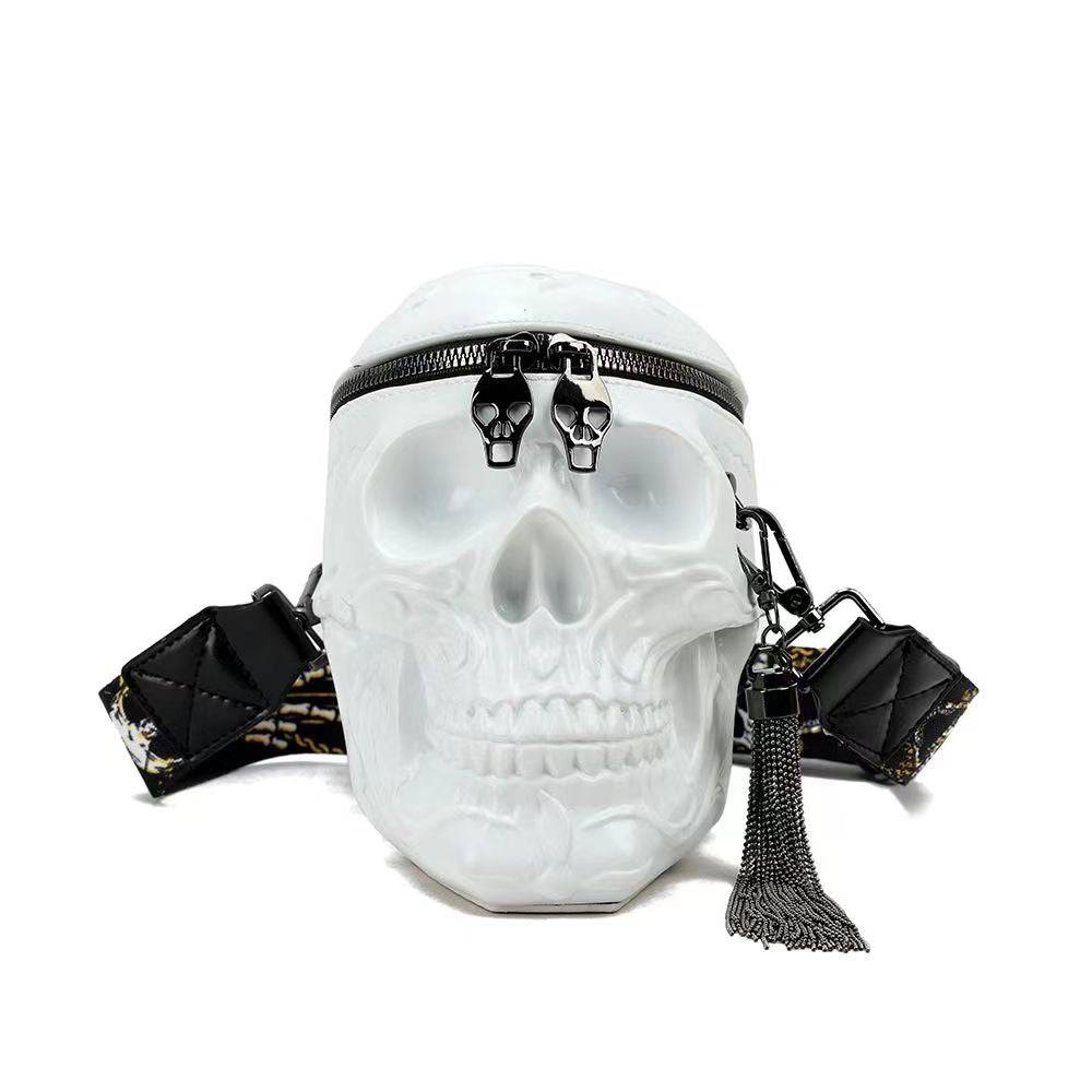 White 3D Skull Messenger Bag by Rossie Viren featuring a compact design and adjustable shoulder strap.
