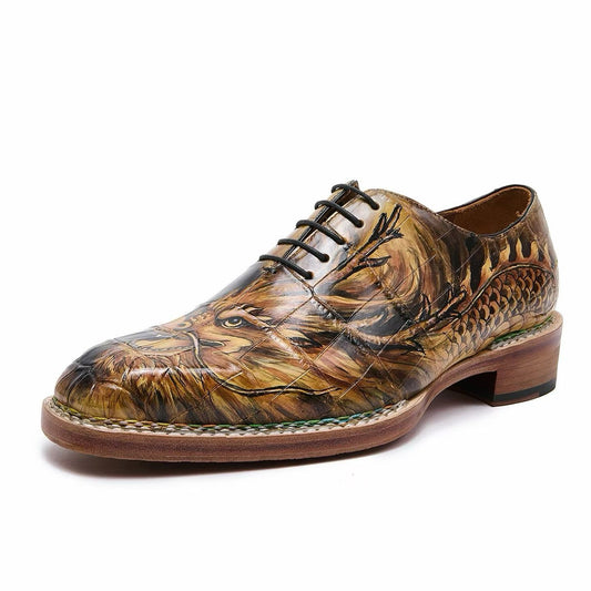 Crocodile Shoes, Men's Hand Painted Norwegian Crocodile Leather Business Lace Up Shoes