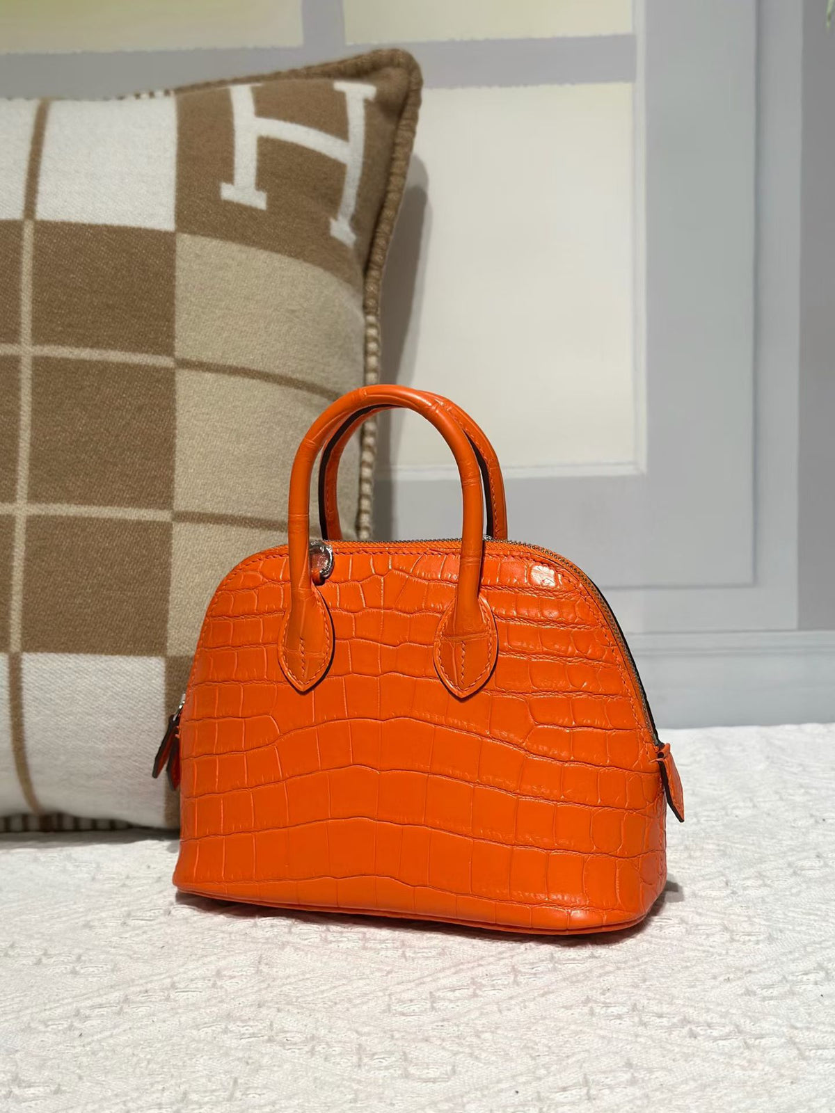 Genuine Crocodile Leather Mini Bowling Top Handle Bag Orange
