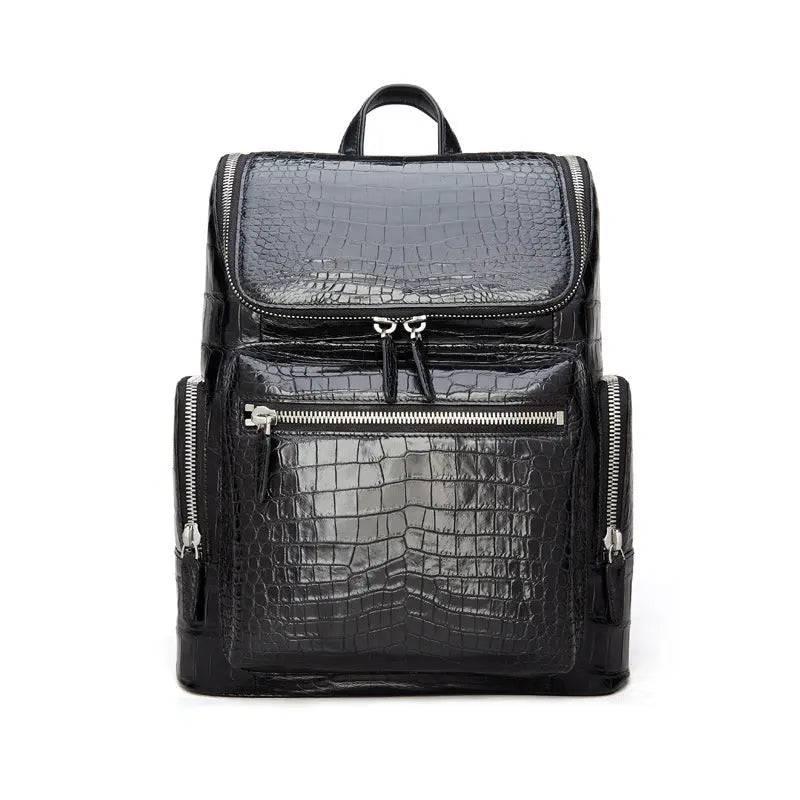 Black Crocodile Leather Backpack by Rossie Viren showing textured crocodile pattern and sturdy straps on a sleek design.