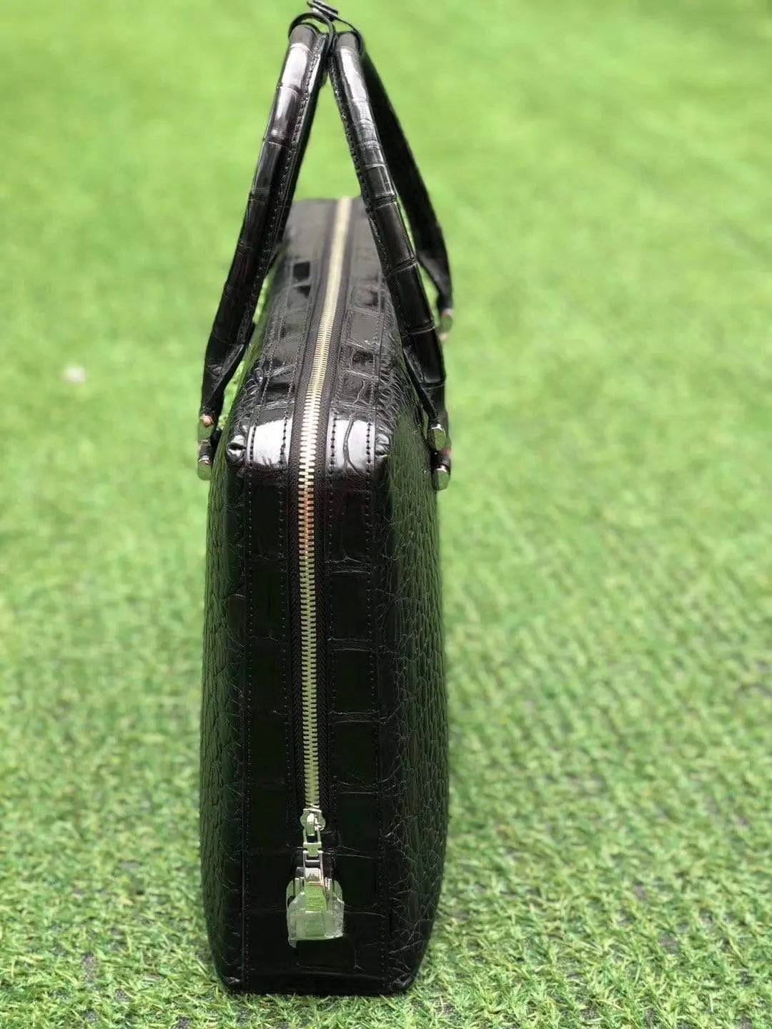 Black genuine crocodile leather briefcase with side password lock, crafted by Rossie Viren for a sophisticated professional look.