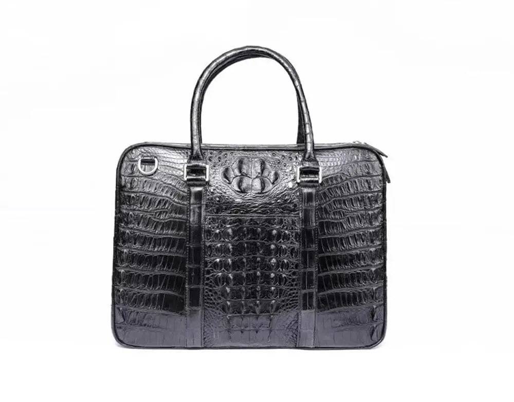 Black Rossie Viren crocodile leather travel laptop briefcase with sturdy handle and polished finish.
