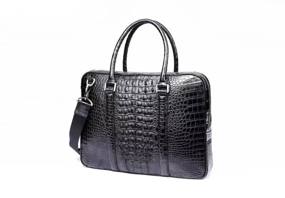 Black Rossie Viren crocodile leather travel laptop briefcase with sturdy handle and sleek design.