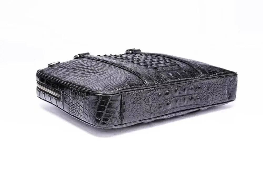 Black genuine crocodile leather travel laptop briefcase by Rossie Viren, featuring a sleek, textured crocodile pattern and professional design.