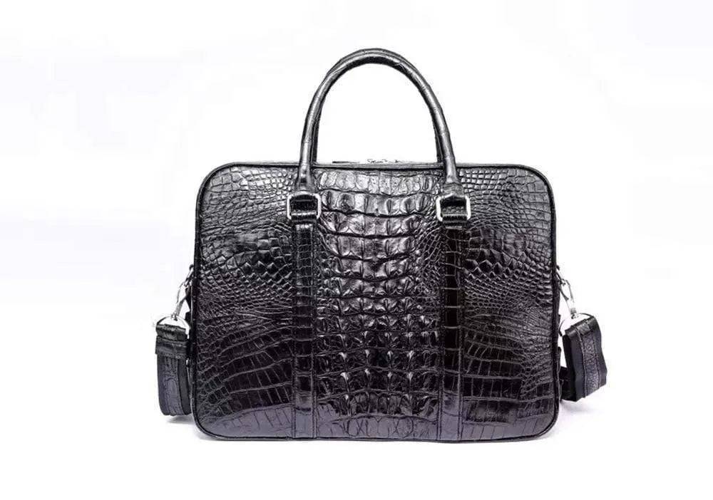 Black Rossie Viren crocodile leather travel laptop briefcase with sturdy handle and sleek design.