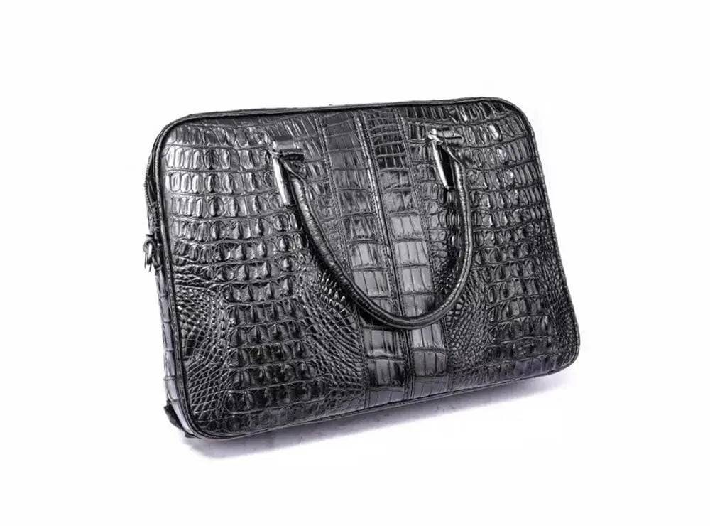 Black Rossie Viren crocodile leather travel laptop briefcase with sturdy handle and sleek design.
