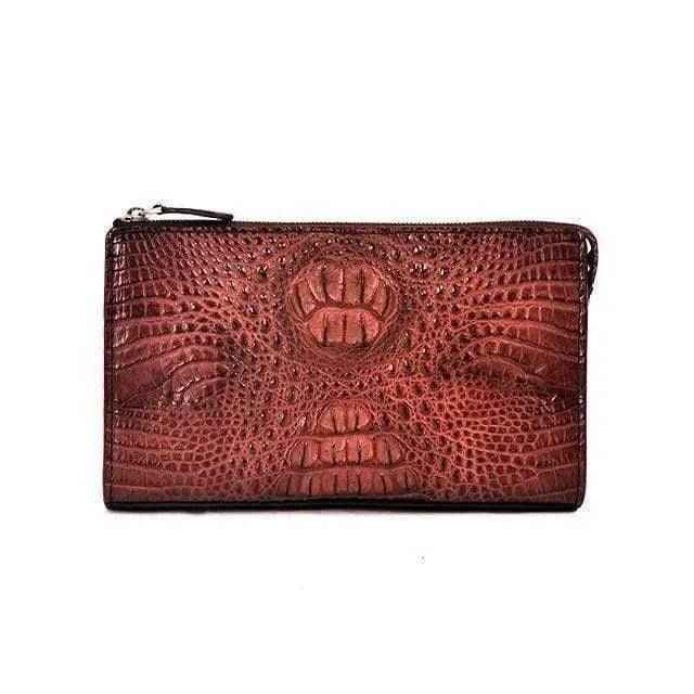 Brown crocodile skin leather men's zip top clutch bag with a sleek, textured finish and compact design for stylish carrying.