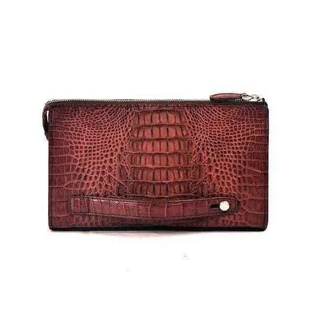 Brown crocodile skin leather men's zip top clutch bag by Rossie Viren, featuring a sleek textured leather design and compact style.
