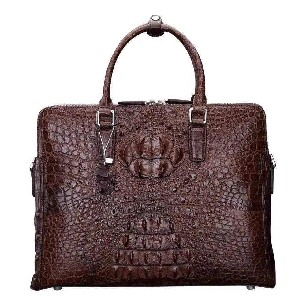 Brown crocodile leather large briefcase with spacious compartments and sturdy handles, designed by Rossie Viren.