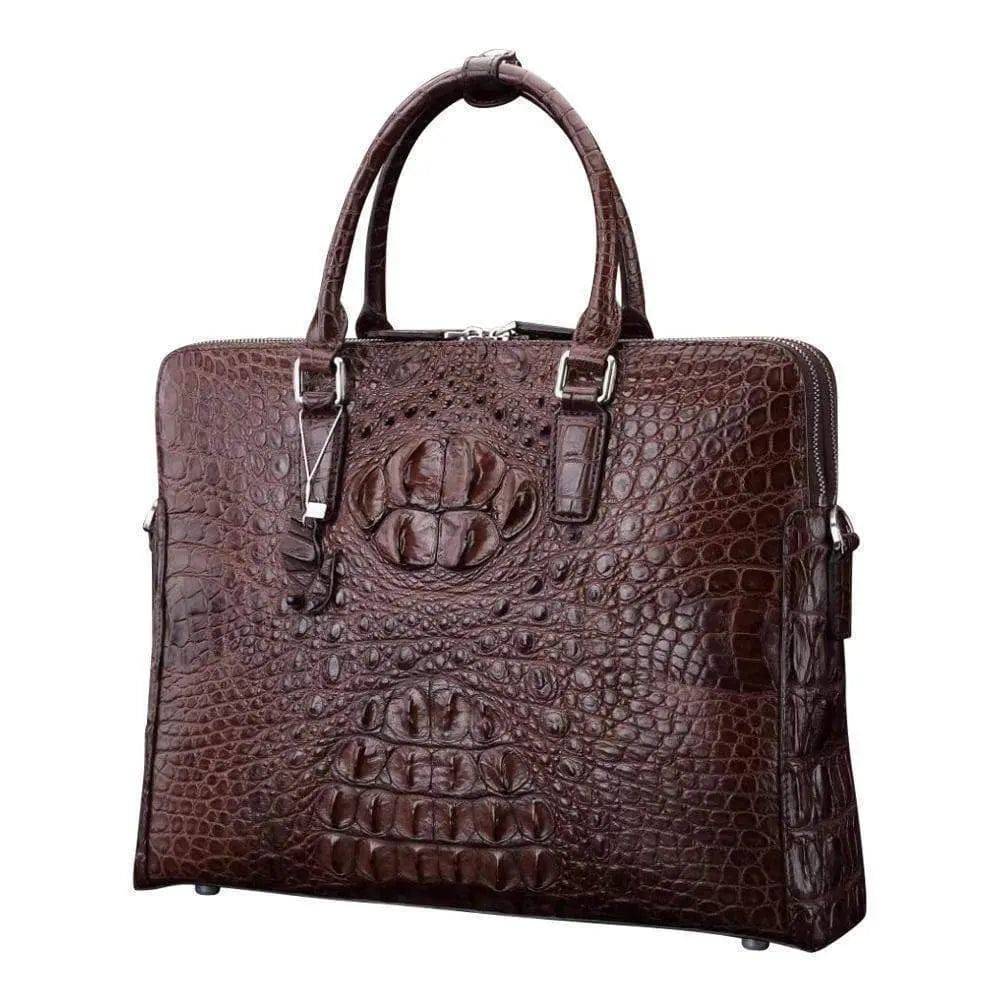 Brown crocodile leather large briefcase with spacious interior and sturdy handles, designed for professional use by Rossie Viren
