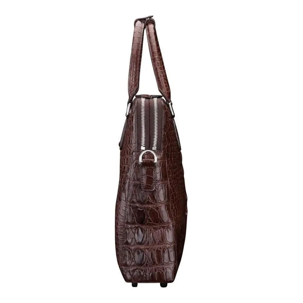 Brown crocodile leather large briefcase by Rossie Viren, featuring a spacious design and sturdy tote handle for professional use.