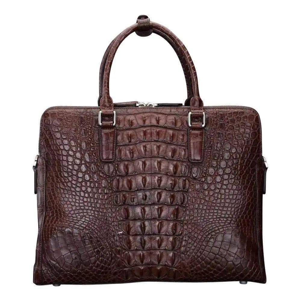 Brown crocodile leather large volume briefcase with handles, designed for professional use, by Rossie Viren.