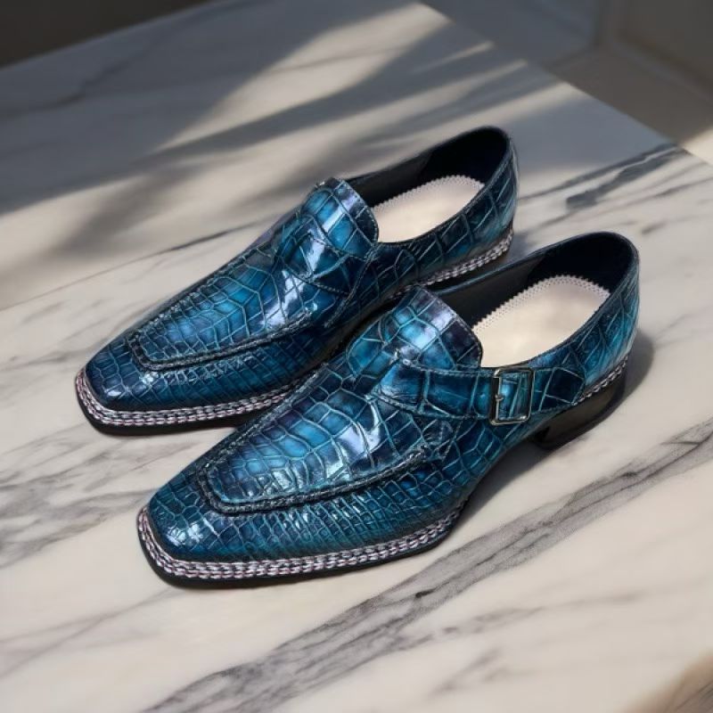 Rossie Viren crocodile leather vintage dress shoes with side buckle and Norwegian sewn detailing, showcasing elegant craftsmanship.