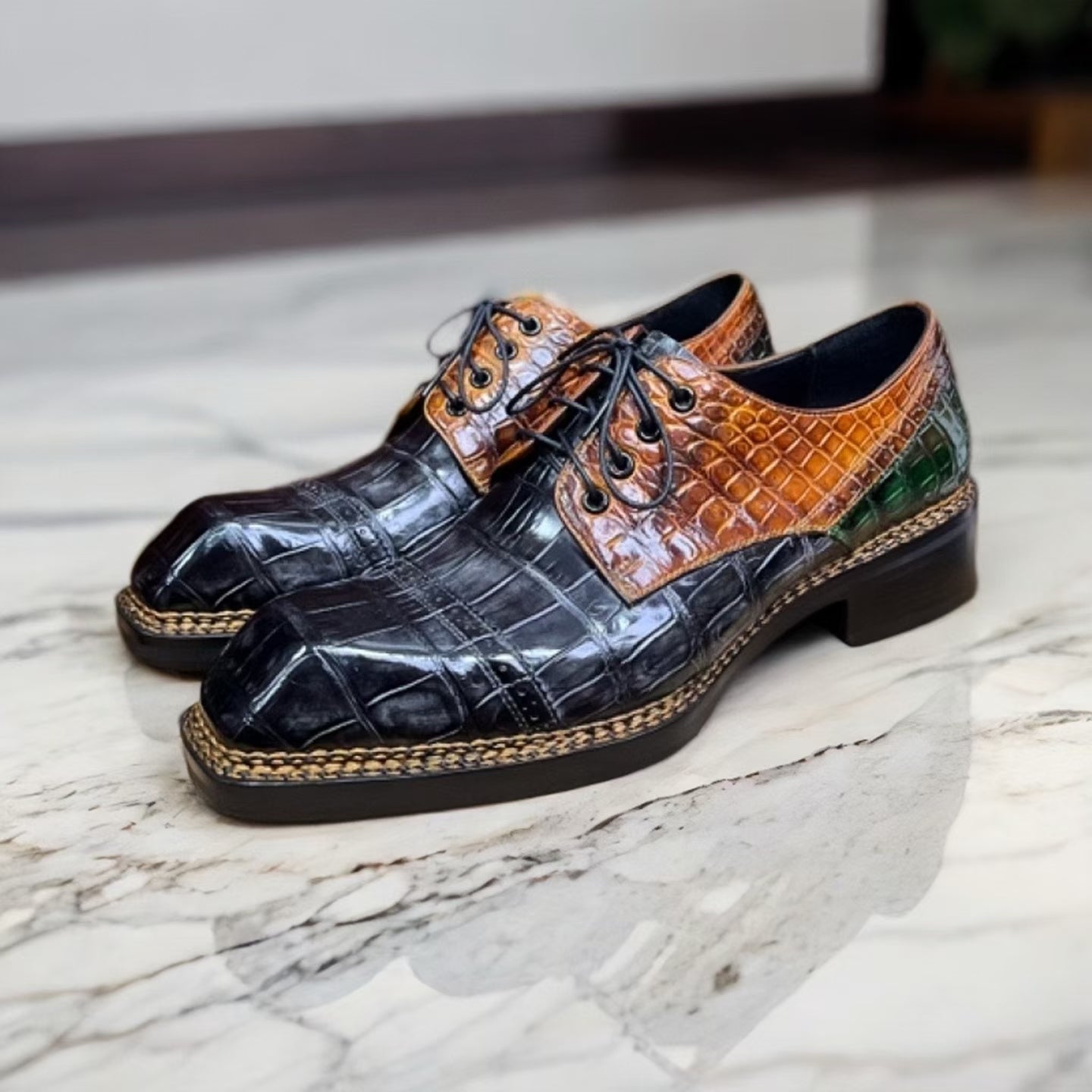 Vintage Rossie Viren crocodile leather Norwegian sewn lace-up dress shoes with detailed crocodile texture.