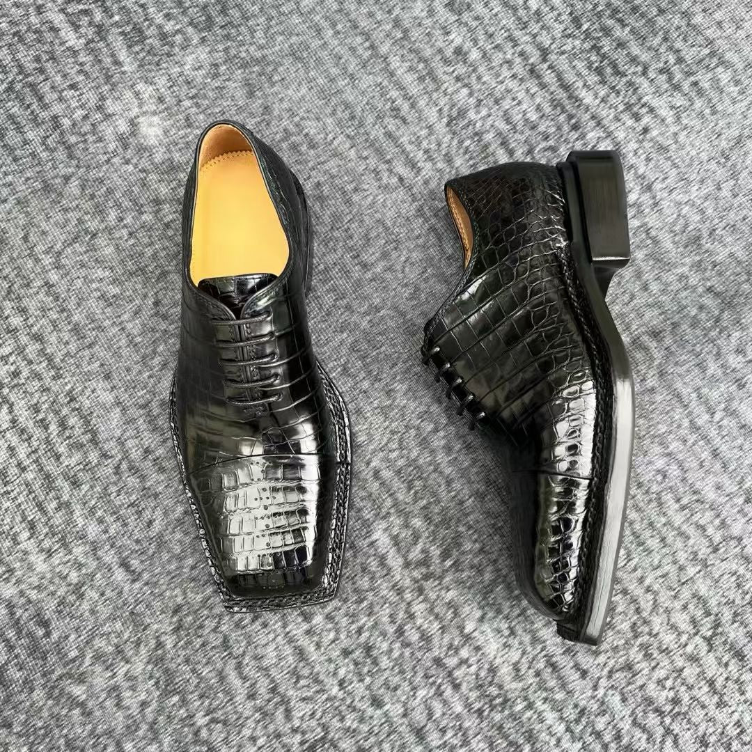 Genuine Crocodile Leather  Square-Toe Classic Lace -Up Dress Shoes Black