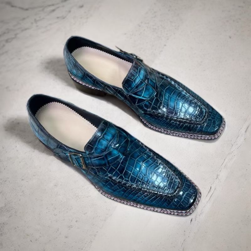 Rossie Viren crocodile leather vintage dress shoes with Norwegian sewn side buckle design.