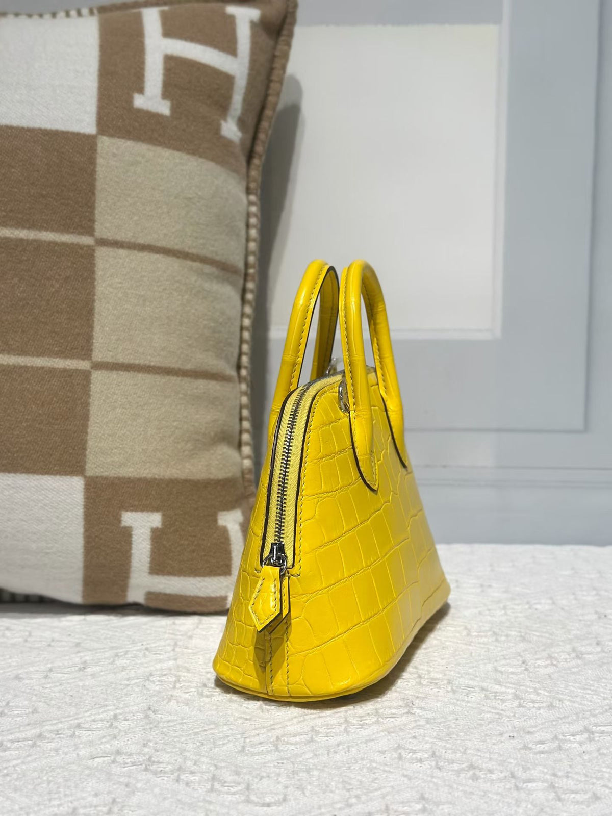 Genuine Crocodile Leather Mini Bowling Top Handle Bag Yellow
