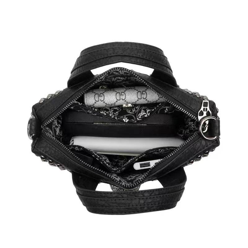 Rossie Viren 3D crystal skull shoulder bag with studded tote design, featuring a stylish and edgy satchel style for fashion-forward looks.