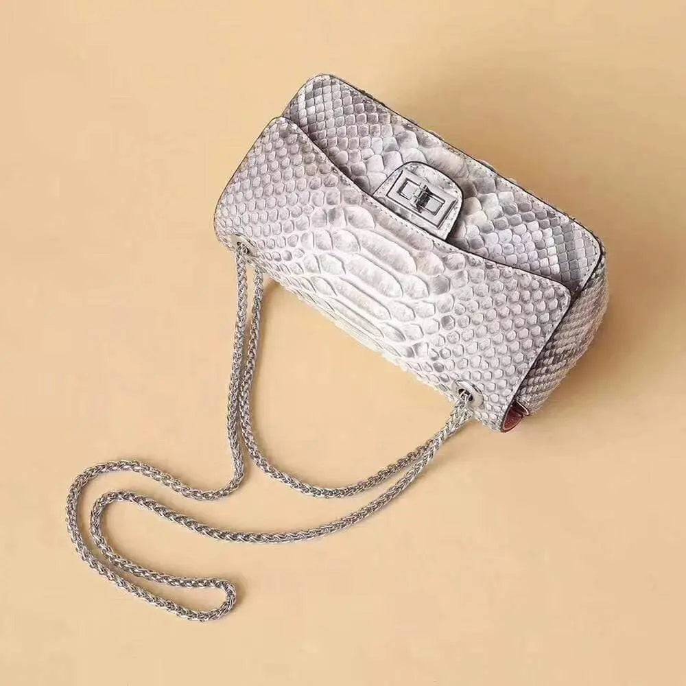 Rossie Viren classic chain double flap women's genuine python leather crossbody shoulder bag in grey, featuring a stylish design.