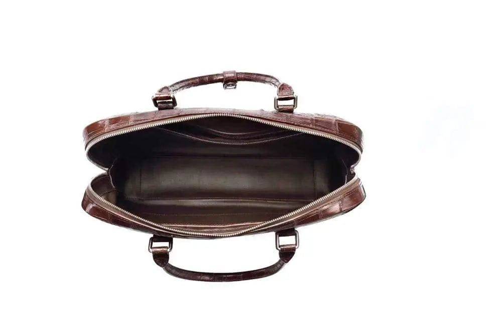 Rossie Viren crocodile leather briefcase with genuine bone leather, featuring a secure password-stapled closure and elegant design.