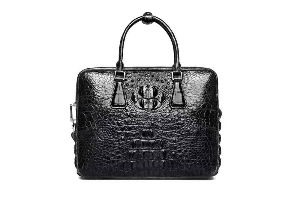 Rossie Viren crocodile leather briefcase with genuine bone leather finish and secure password staples, showing front view with handle