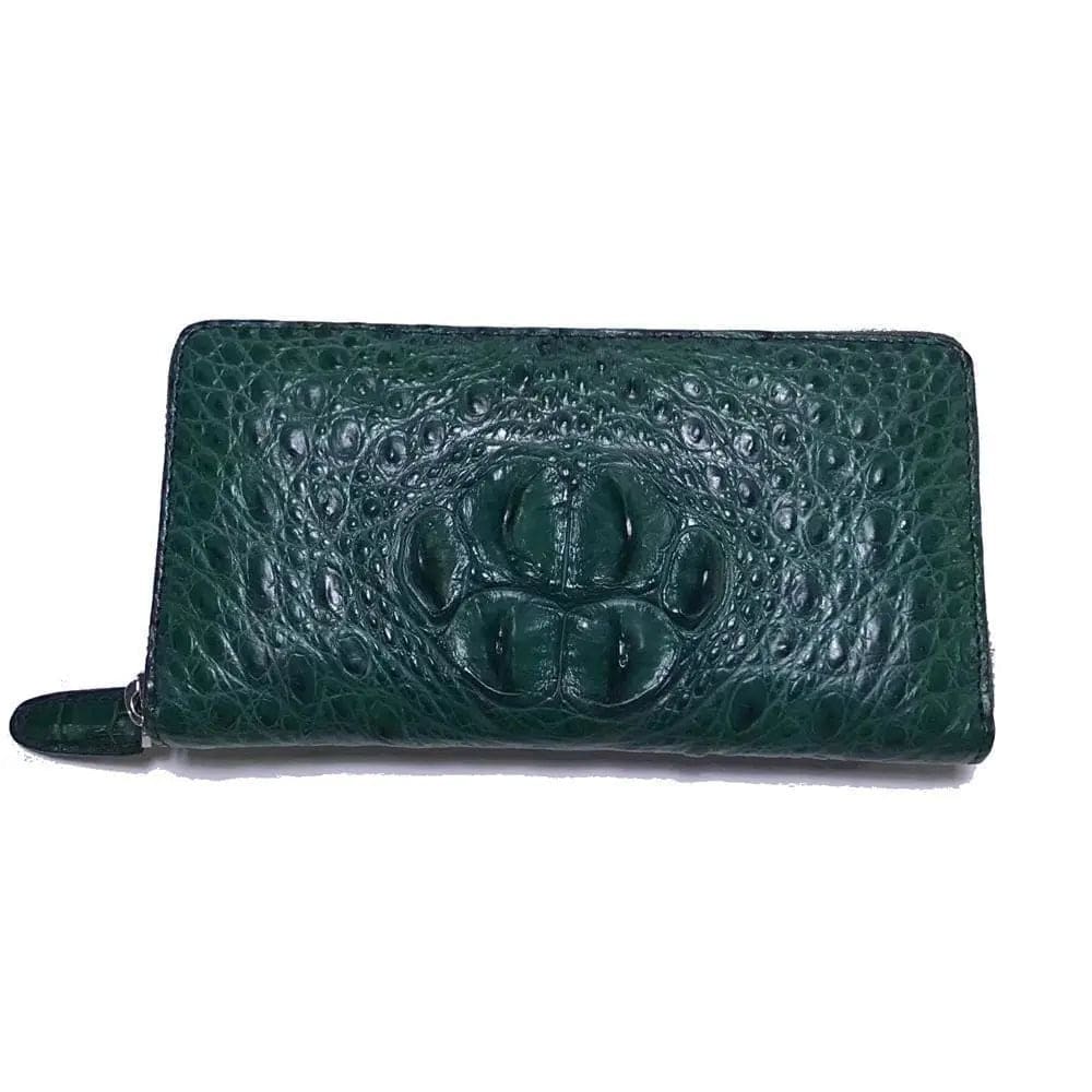 Rossie Viren crocodile leather zipper wallet handbag with textured crocodile pattern and gold zipper closure.