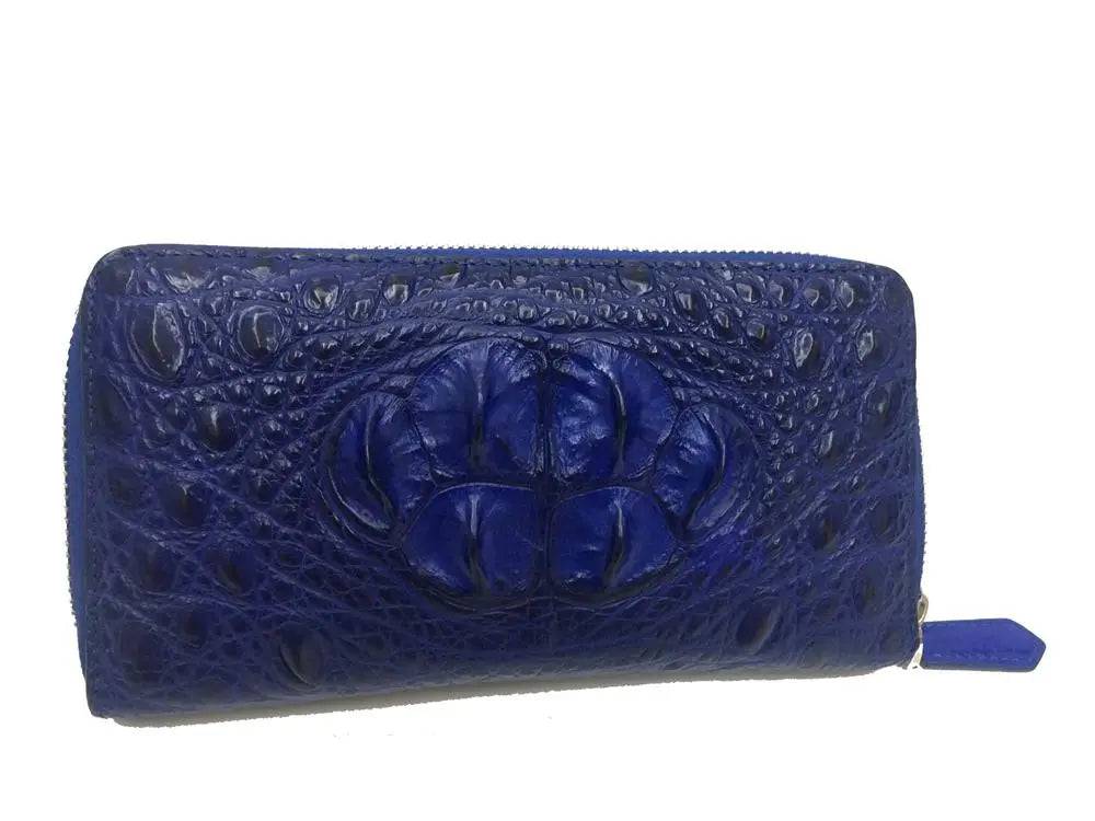 Rossie Viren crocodile leather zipper wallet with a sleek handbag design, showcasing textured crocodile pattern and silver zipper.
