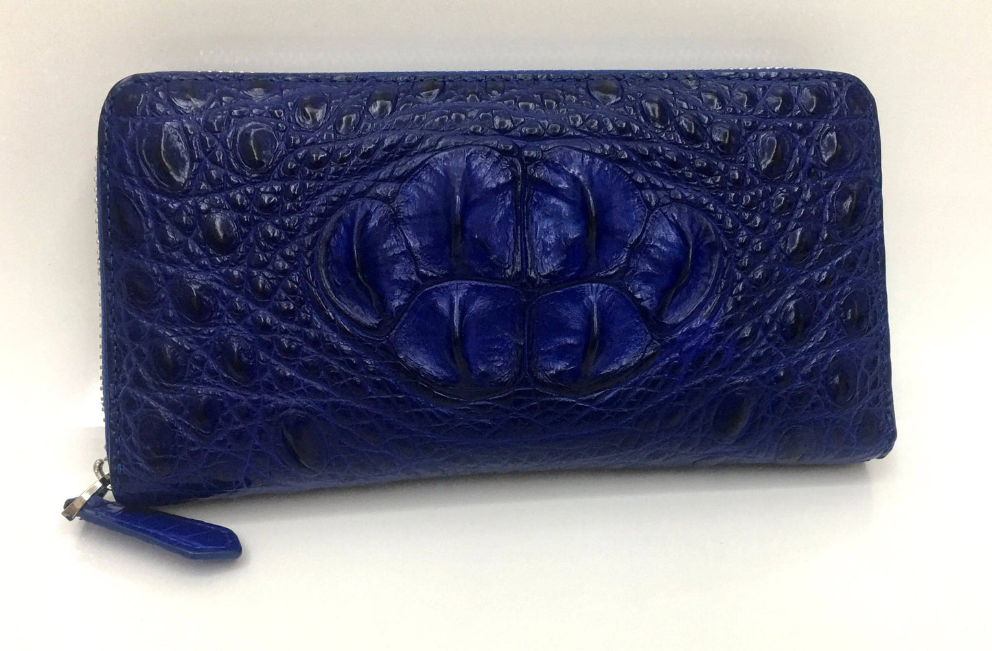 Rossie Viren crocodile leather zipper wallet with a sleek handbag design, featuring textured crocodile pattern and zip closure.