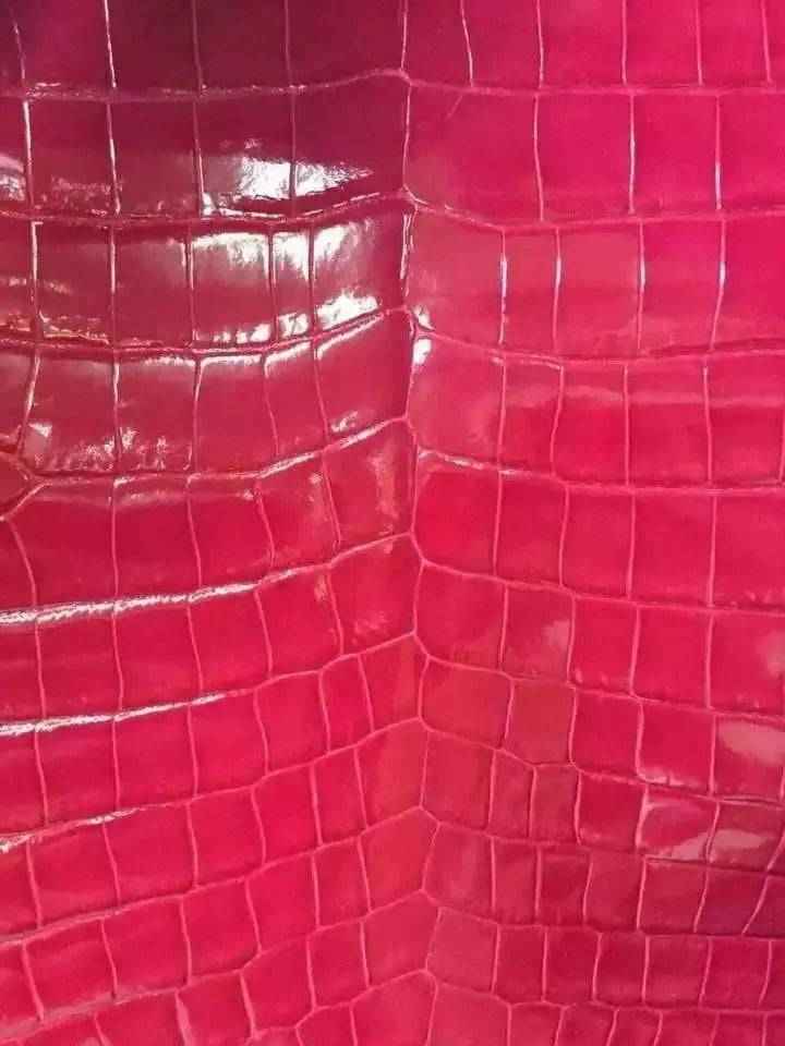 Crocodile skin belly leather in various colorways, showcasing the textured, glossy surface of exotic leather bags and belts.