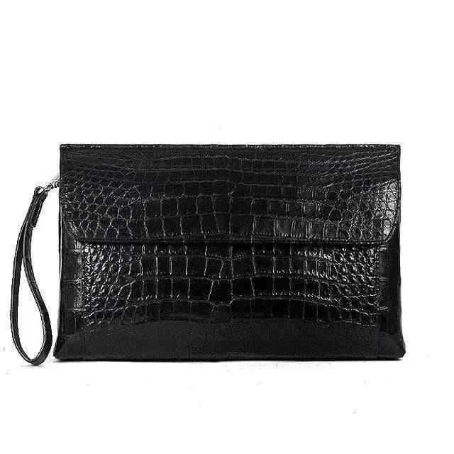 Rossie Viren crocodile belly skin large clutch bag with sleek design and textured surface, perfect for elegant occasions.