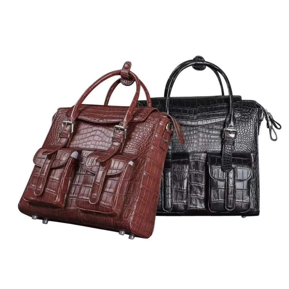 Rossie Viren crocodile belly leather briefcase with shoulder strap, cross-body design, ideal for men’s laptop and business use.
