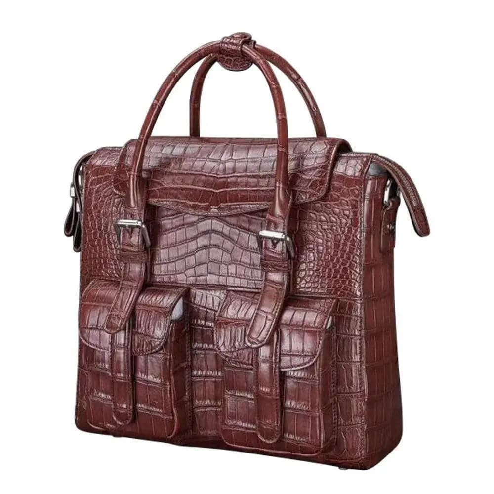 Rossie Viren crocodile belly leather briefcase with shoulder strap, cross-body style, designed for men, holds laptops and business essentials.