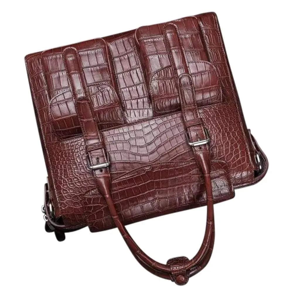 Rossie Viren crocodile belly leather briefcase with shoulder strap, designed for men, featuring a sleek cross-body laptop business bag style.