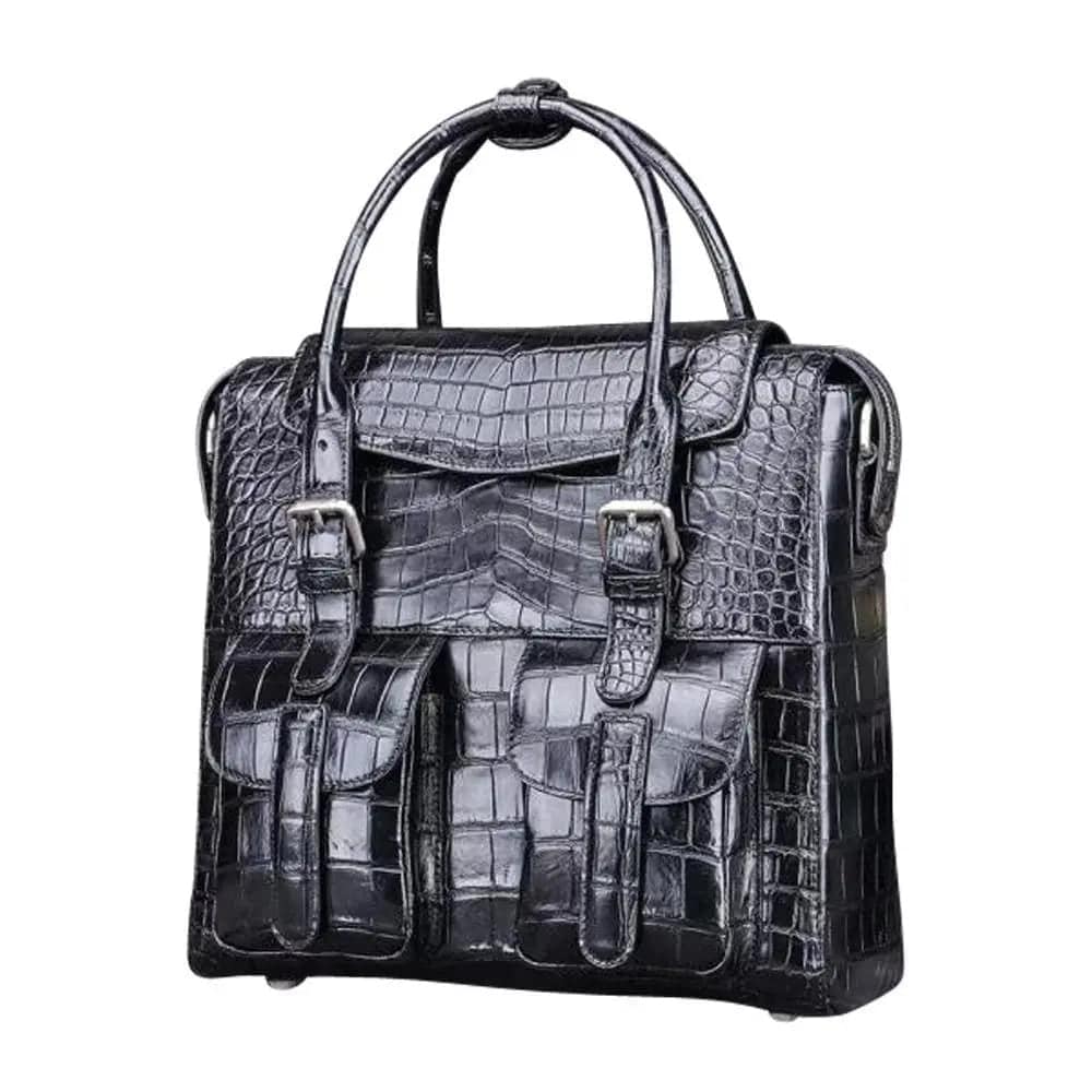 Rossie Viren crocodile belly leather briefcase for men with shoulder strap, designed for laptops and business use.