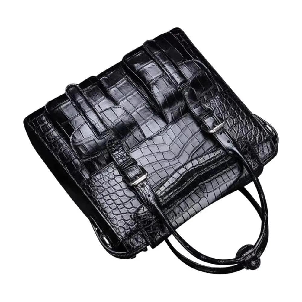 Rossie Viren crocodile belly leather briefcase with shoulder strap and cross-body design for men, ideal for laptops and business use.