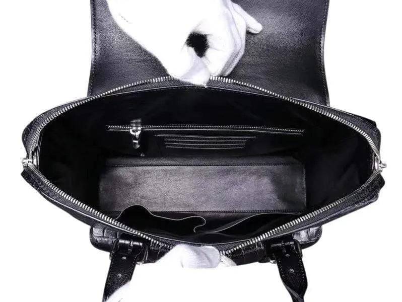 Rossie Viren crocodile belly leather briefcase with shoulder strap, cross-body style, designed for men’s laptop and business use.