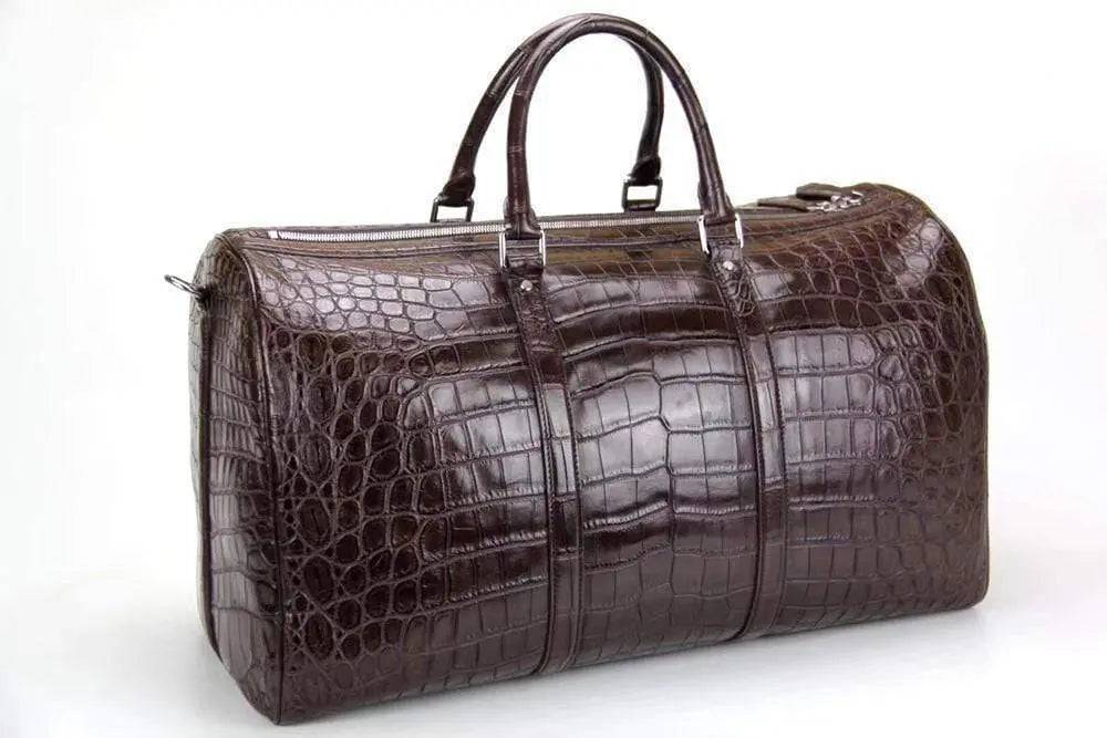 Rossie Viren crocodile belly leather travel duffel bag, large handbag with textured crocodile pattern and sturdy handles.