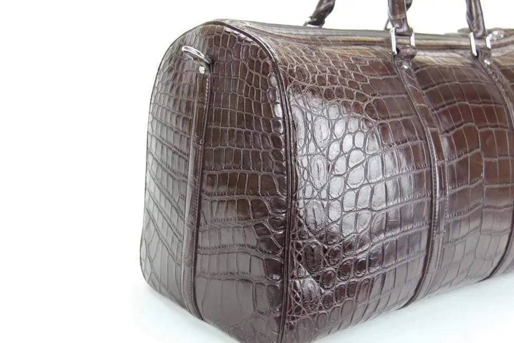 Rossie Viren crocodile belly leather travel duffel bag, large handbag with textured crocodile pattern and sturdy leather handles.