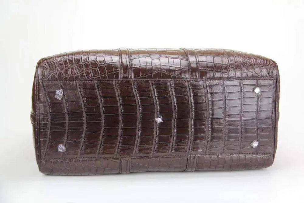 Rossie Viren crocodile belly leather travel duffel bag, large handbag with textured crocodile pattern and sturdy leather handles.