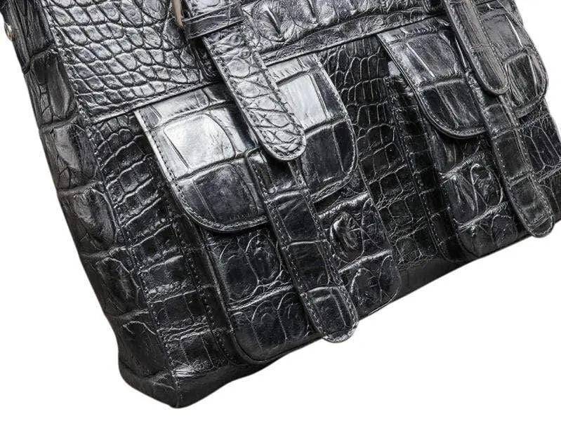 Rossie Viren crocodile leather men's briefcase with shoulder strap, cross-body business bag, showcasing textured crocodile pattern.
