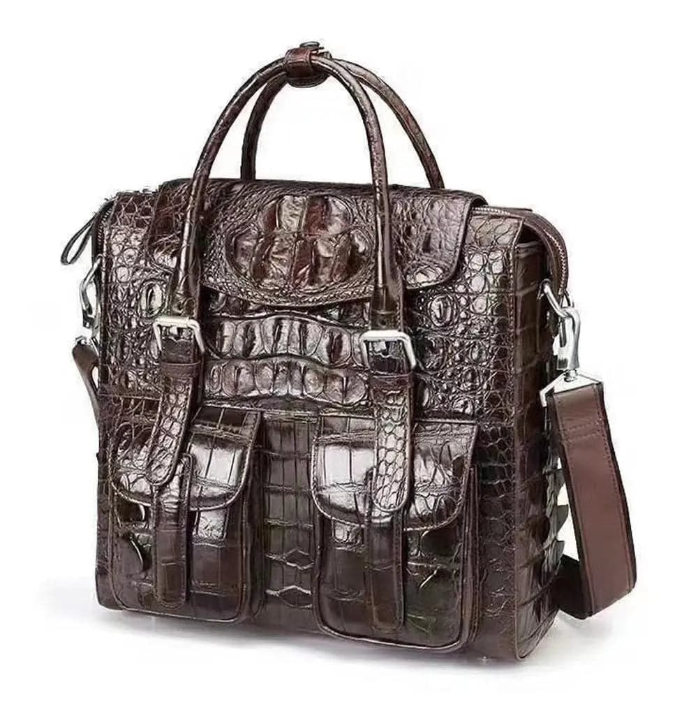 Rossie Viren crocodile leather briefcase shoulder bag for men, stylish cross-body business handbag with textured crocodile pattern.