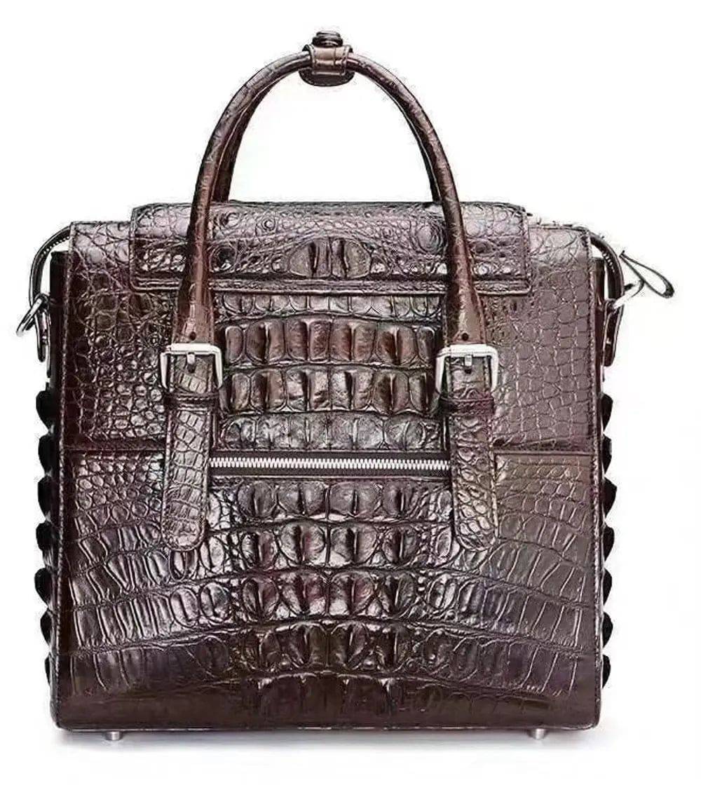 Rossie Viren crocodile leather men's briefcase with shoulder strap, cross-body business bag featuring textured crocodile pattern.