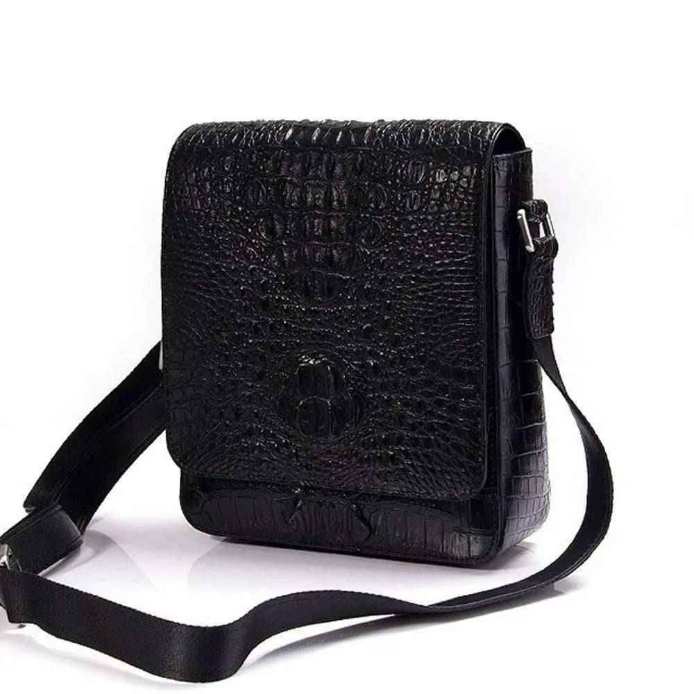 Rossie Viren crocodile leather crossbody bag for men, small shoulder bag with cell phone, passport holder, and neck pouch design.