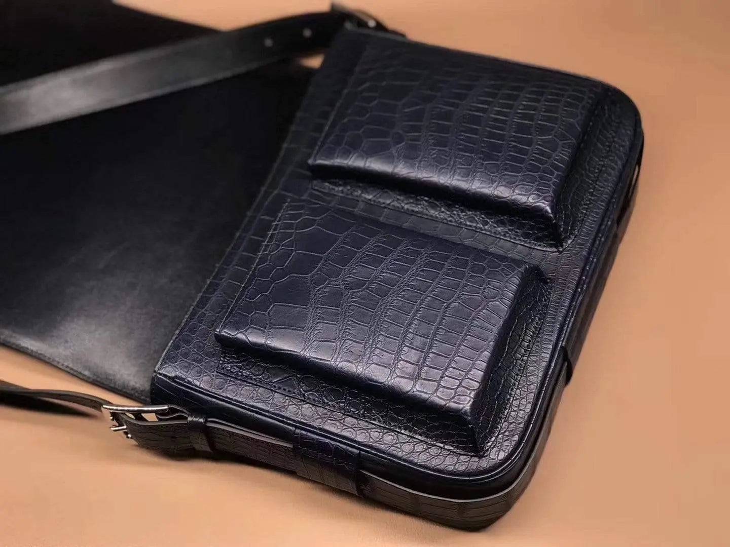 Rossie Viren crocodile garment leather medium messenger bag, soft handbag with textured crocodile pattern and adjustable shoulder strap.